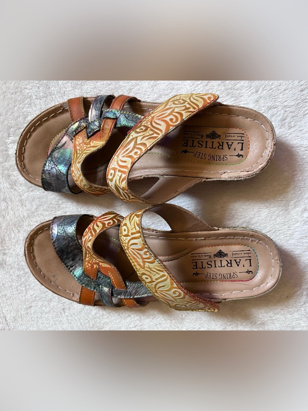 Vintage L'ATISTE Multicolor Strappy Leather Sandal - Orange, Gold, Green